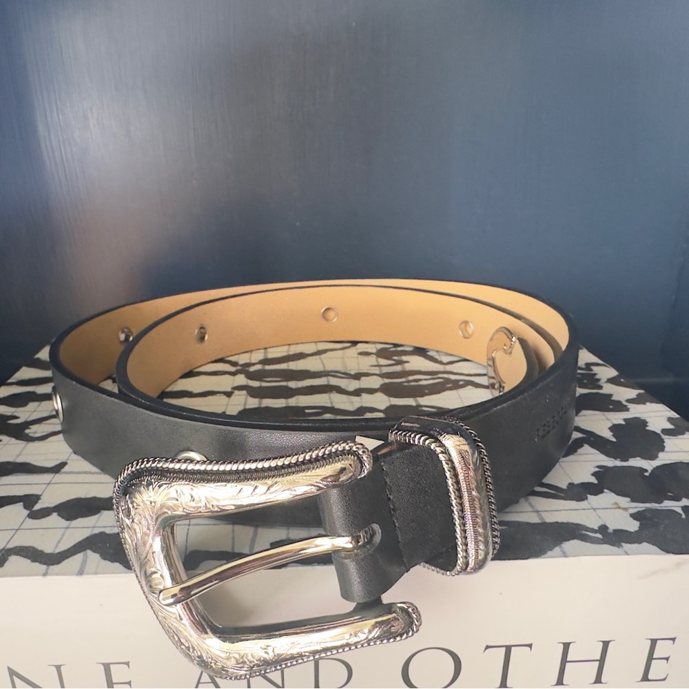 Rebecca Minkoff black leather western belt with silver grommets size large